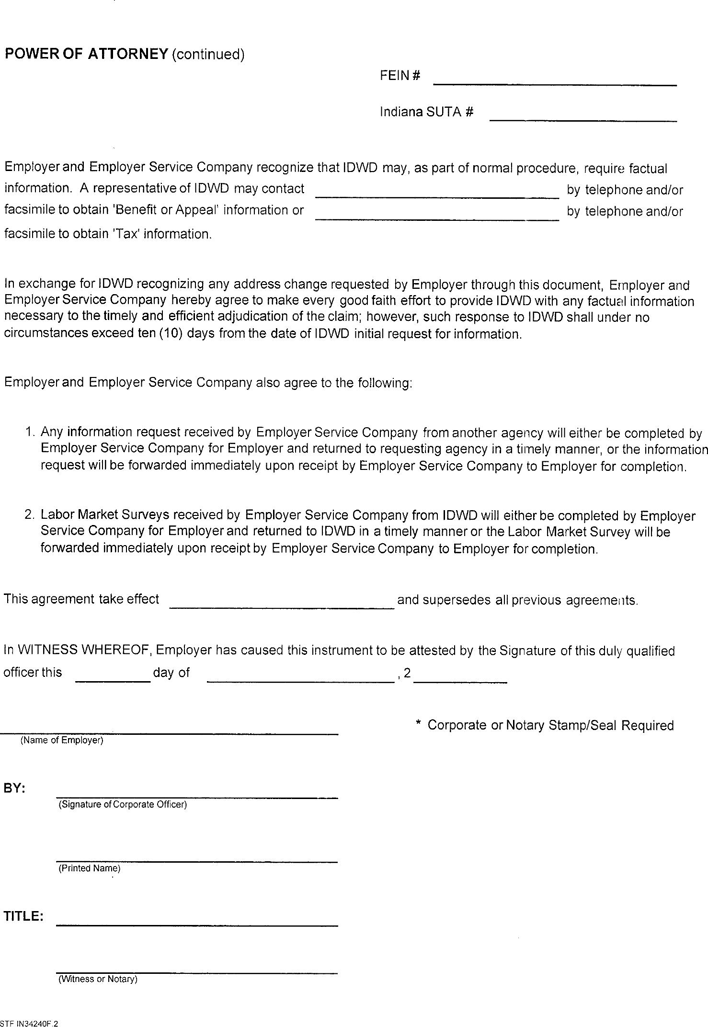 Indiana Employer's Powers of Attorney Form Page 2