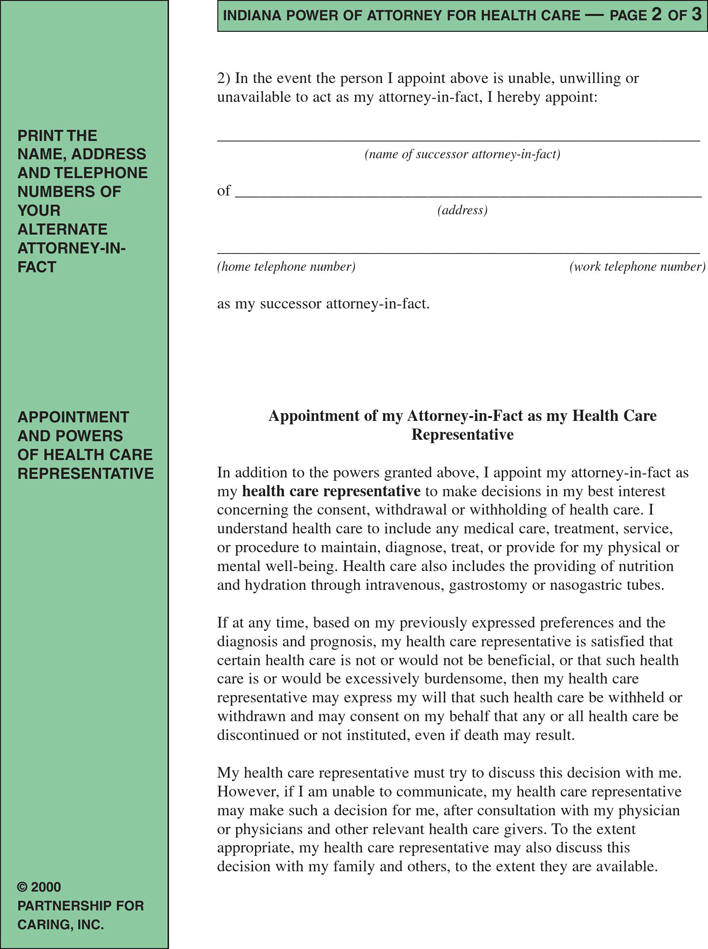 Indiana Health Care Power of Attorney Form Page 2