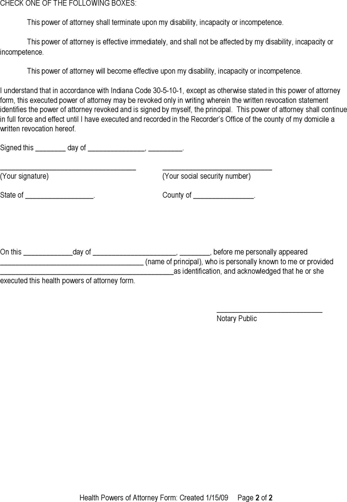 Indiana Health Powers of Attorney Form for Indiana Residents Page 2