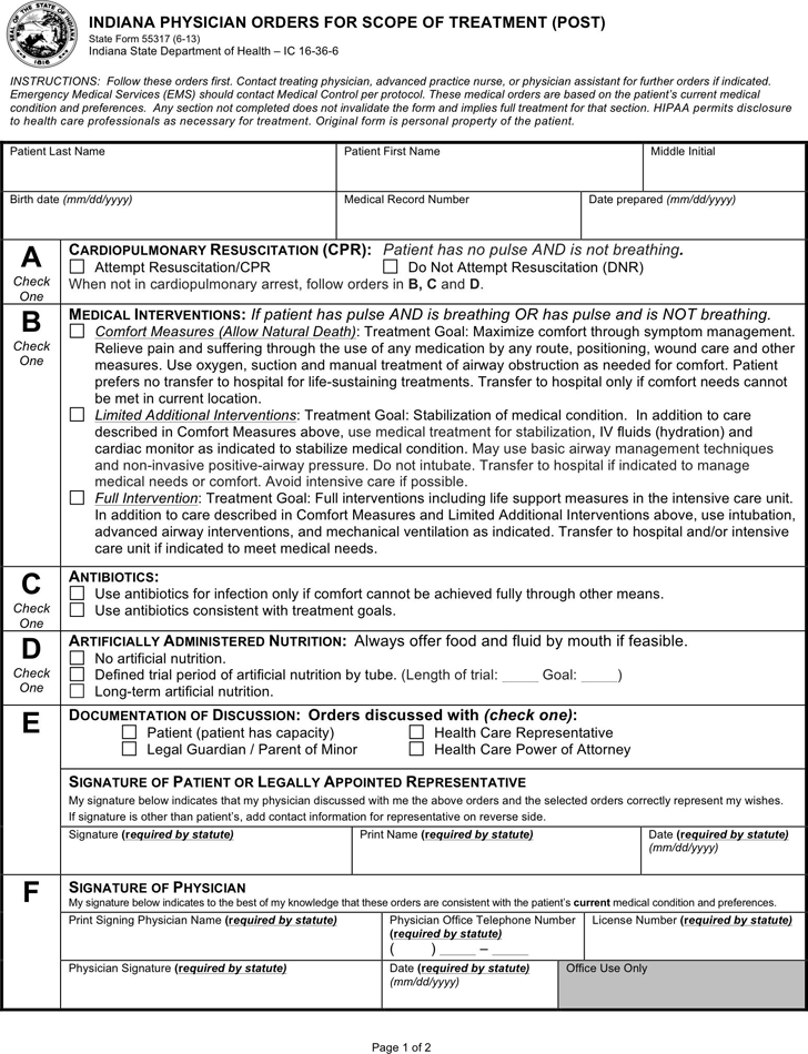 Indiana Physician Orders For Scope of Treatment (POST) Form