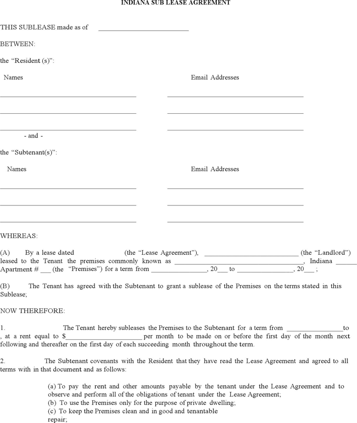 Indiana Sublease Agreement Form