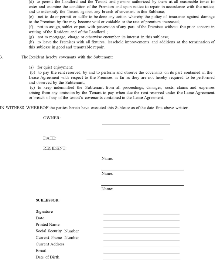 Indiana Sublease Agreement Form Page 2