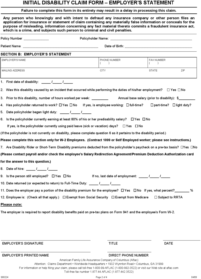 Initial Disability Claim Form Page 2