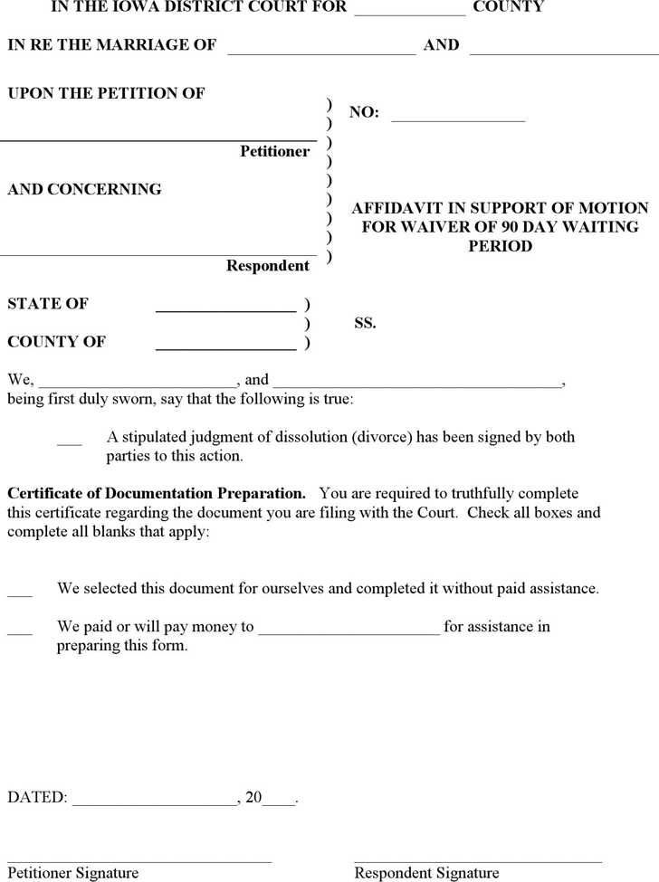 Iowa Affidavit in Support of Motion of Waiver of 90 day Period Form