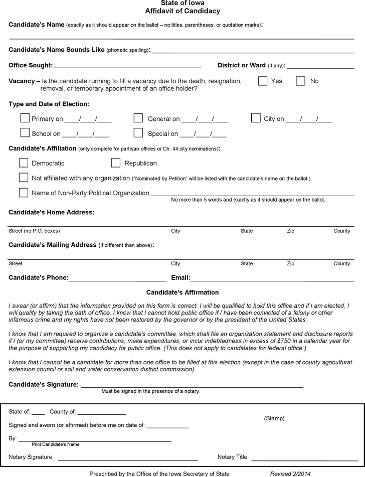 Iowa Affidavit of Candidacy Form