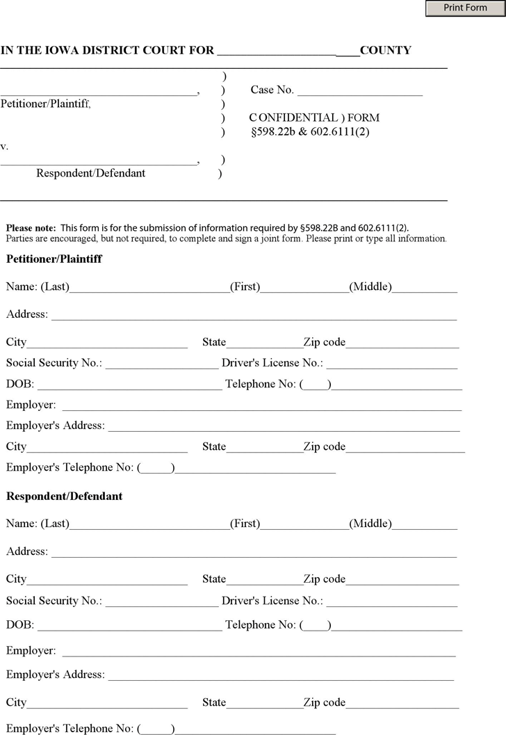 Iowa Confidential Information Sheet