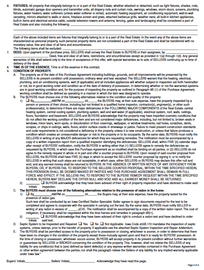 Iowa Residential Real Estate Purchase Agreement Form Page 2