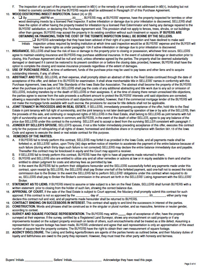 Iowa Residential Real Estate Purchase Agreement Form Page 3