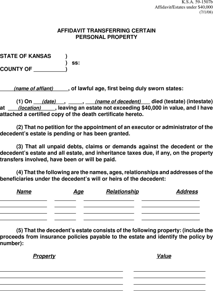 Kansas Affidavit Transferring Certain Personal Property Form