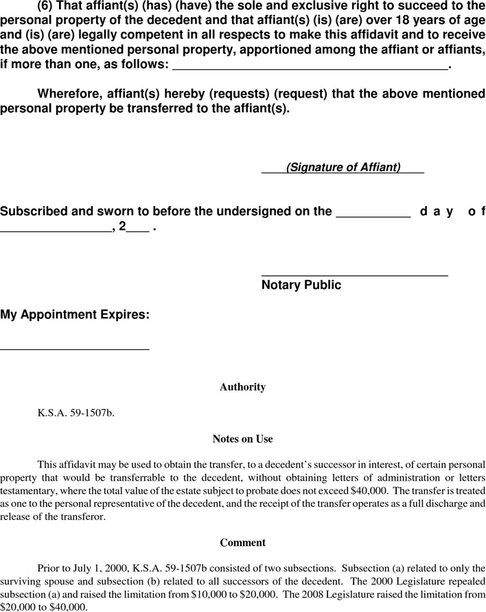 Kansas Affidavit Transferring Certain Personal Property Form Page 2