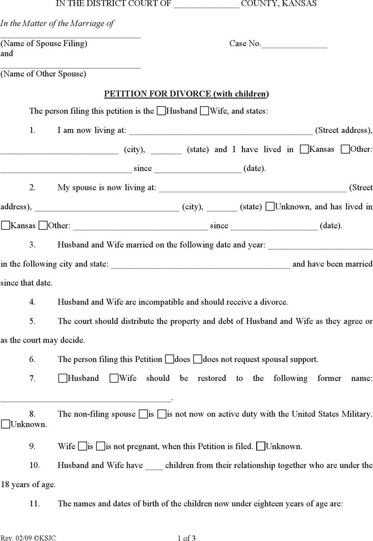 Kansas Petition for Divorce (with Children) Form