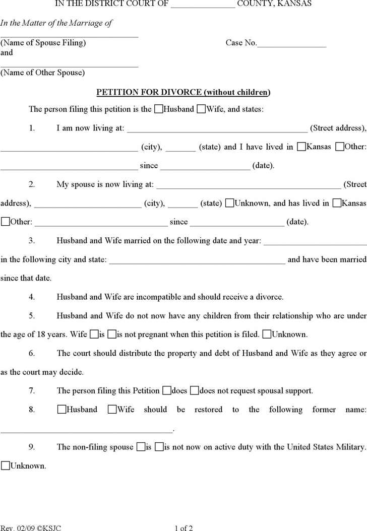 Free Kansas Petition for Divorce (without Children) Form PDF 289KB