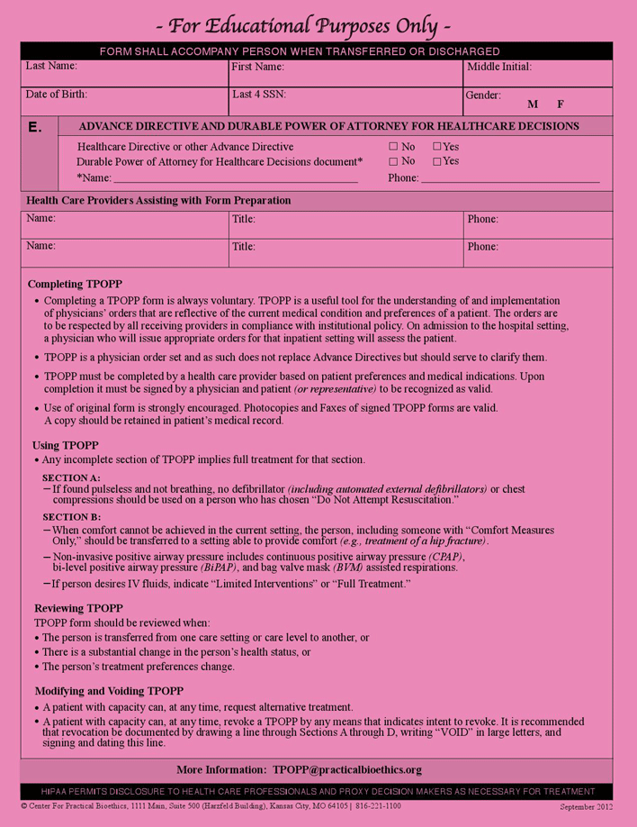 Kansas Transportable Physician Orders For Patient Preferences (TPOPP) Form Page 2