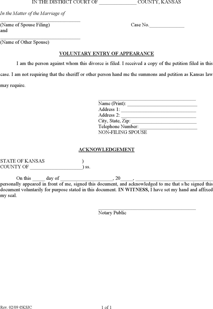 Kansas Voluntary Entry of Appearance Form