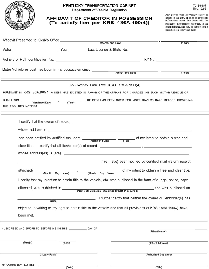 Kentucky Affidavit of Creditor in Possession Form