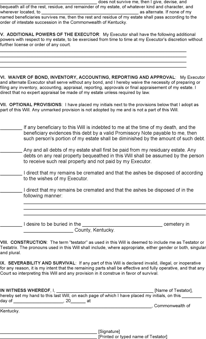 Kentucky Last Will and Testament Form Page 2