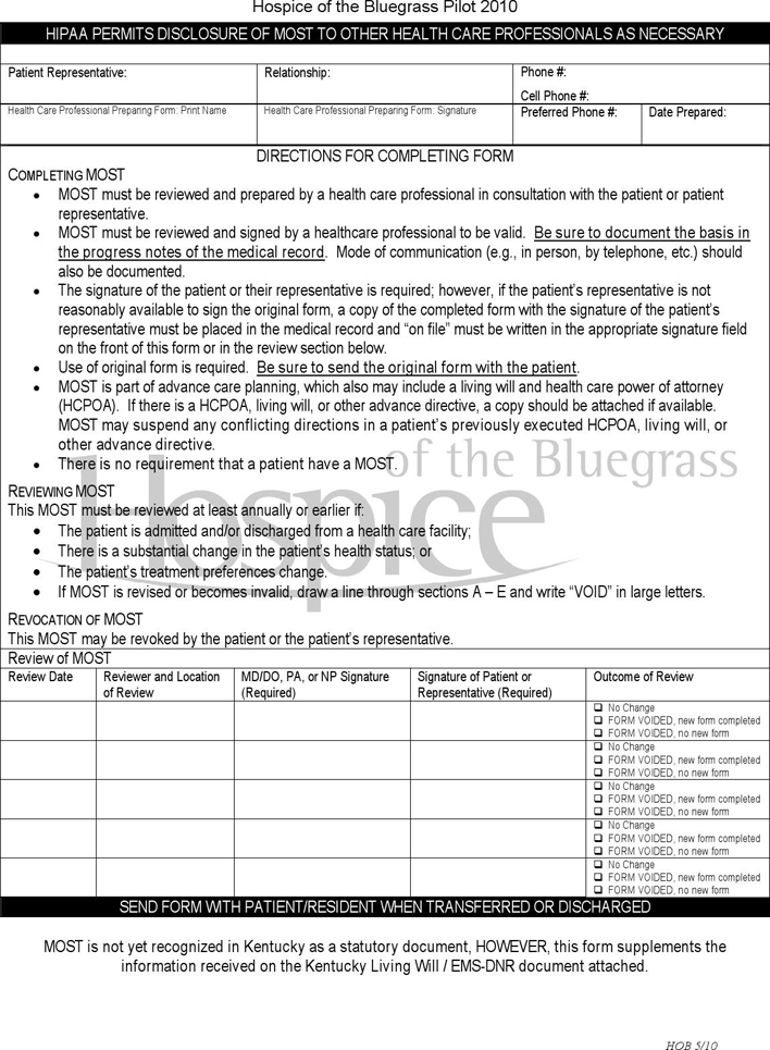 Kentucky Medical Orders For Scope of Treatment (MOST) Form Page 2