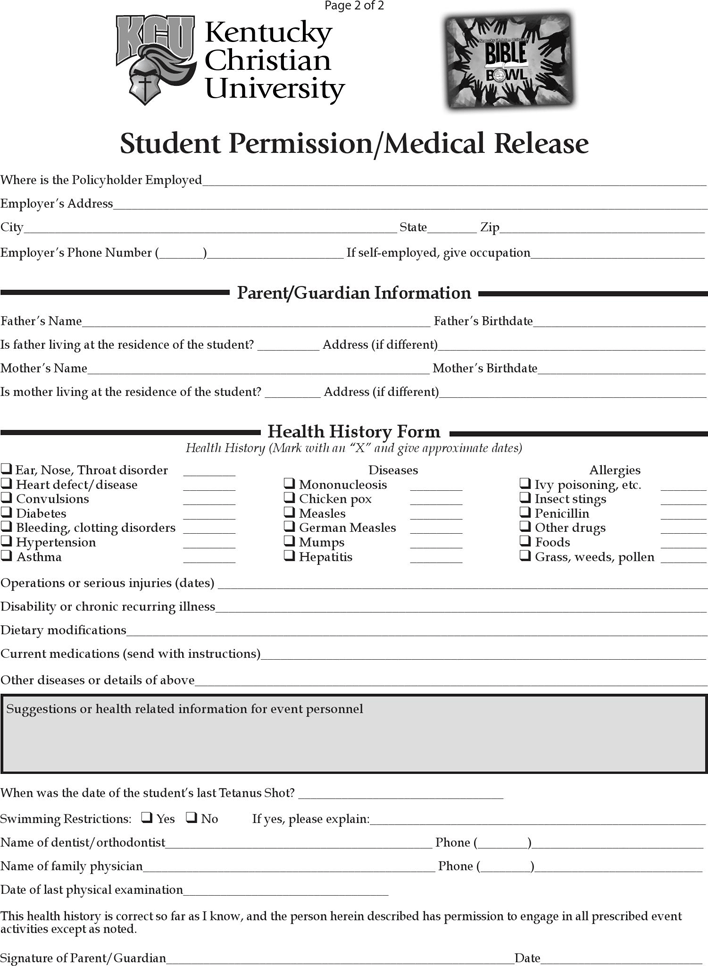 Kentucky Student Permission/Medical Release Form Page 2