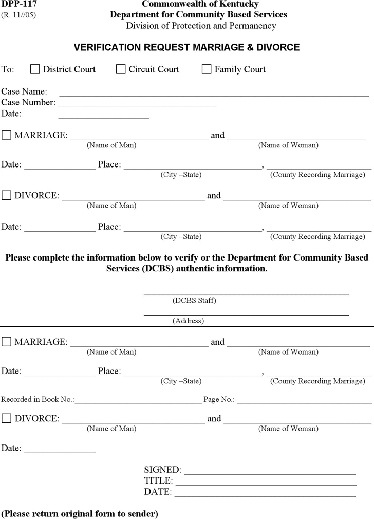 Kentucky Verification Request Marriage and Divorce Form