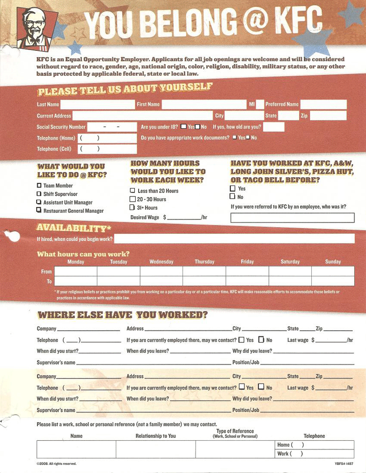 KFC Job Application Form (Fillable)