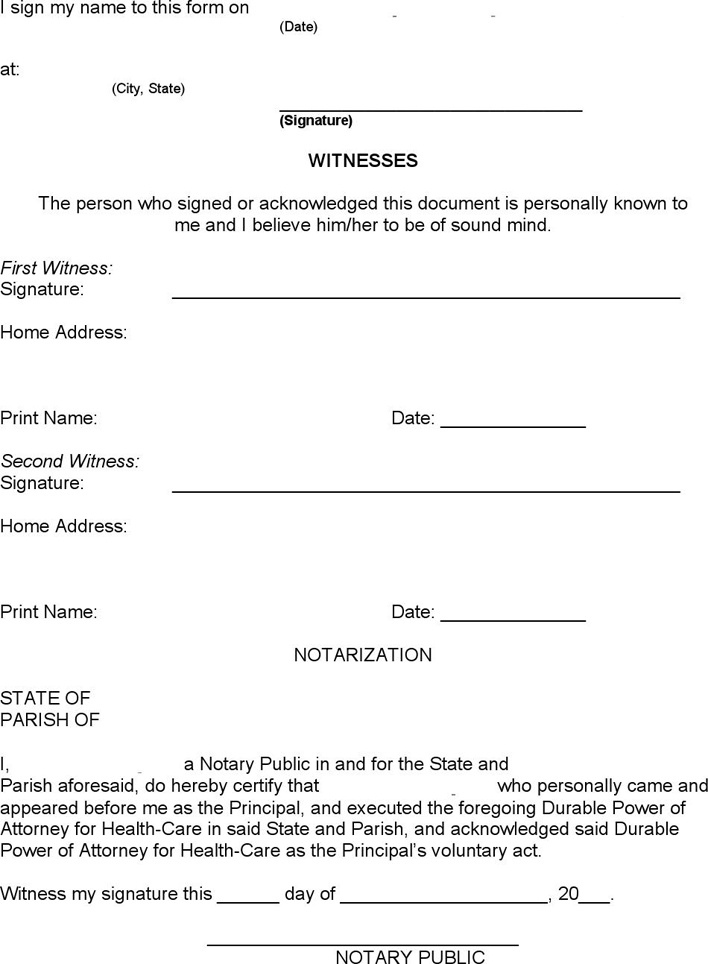 Louisiana Health Care Power of Attorney Form Page 3