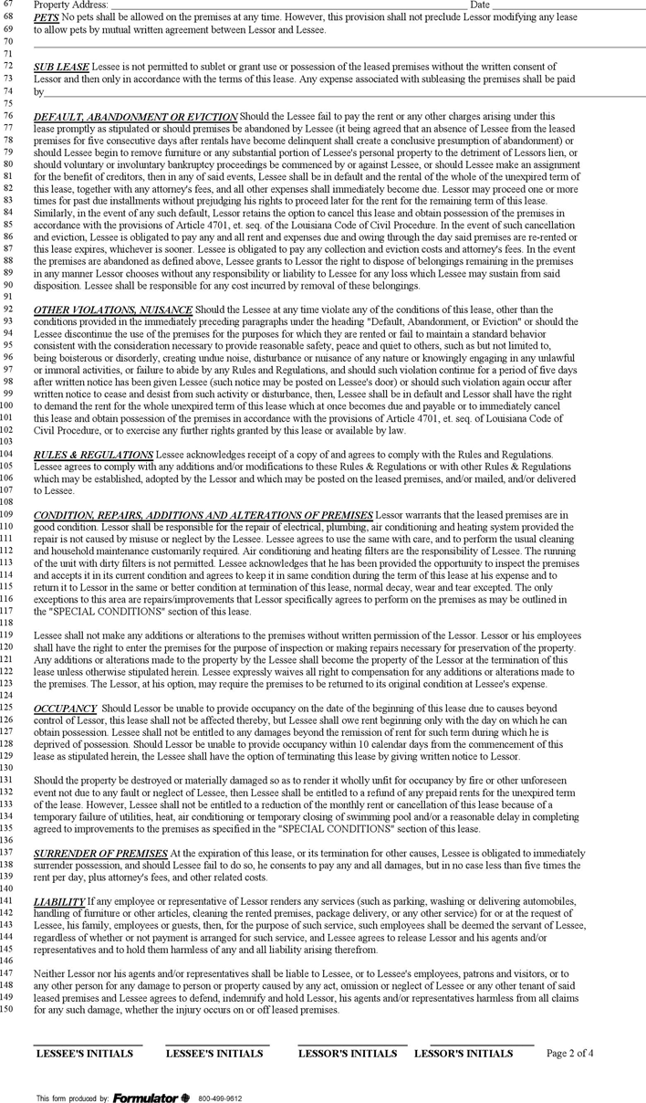 Louisiana Month to Month Rental Lease Page 2