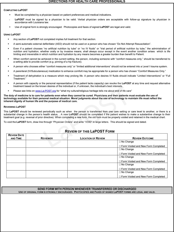 Louisiana Physician Orders For Scope of Treatment (POST) Form Page 2