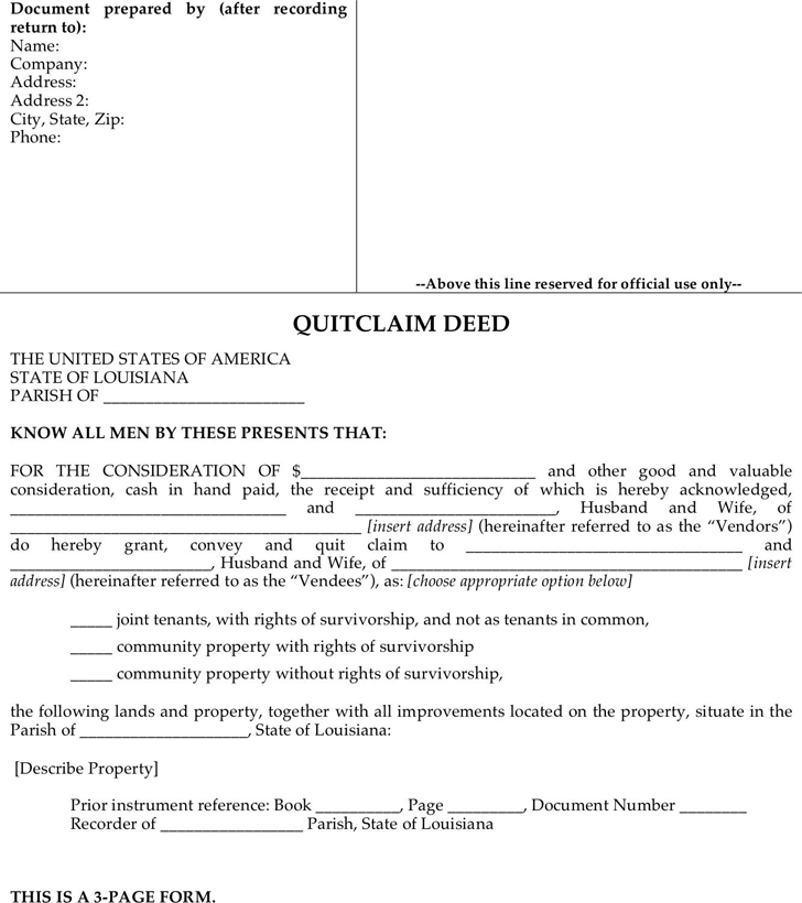 Louisiana Quitclaim Deed Form 1