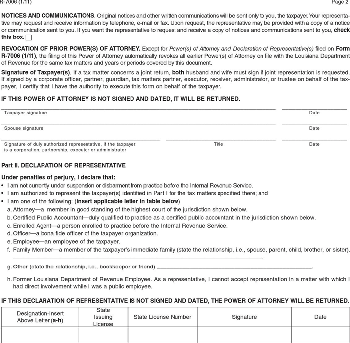 Louisiana Tax Power of Attorney Form Page 2