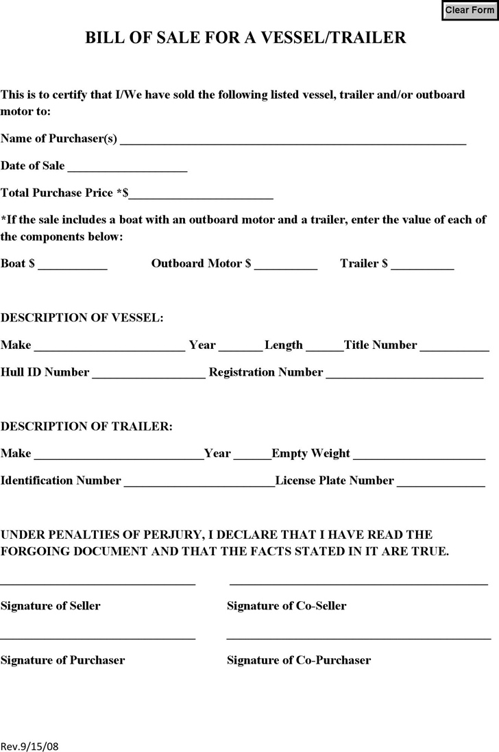 Maine Bill of Sale for a Vessel/Trailer