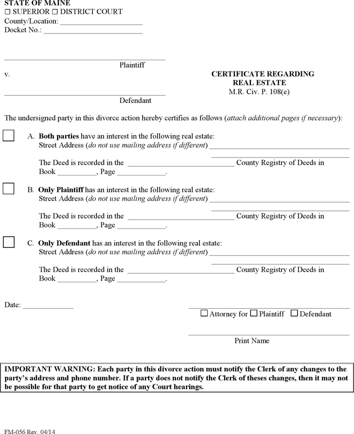 Maine Certificate Regarding Real Estate Form