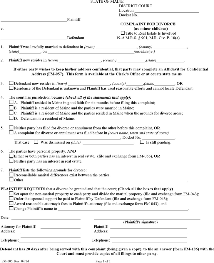 Maine Complaint for Divorce (No Minor Children) Form
