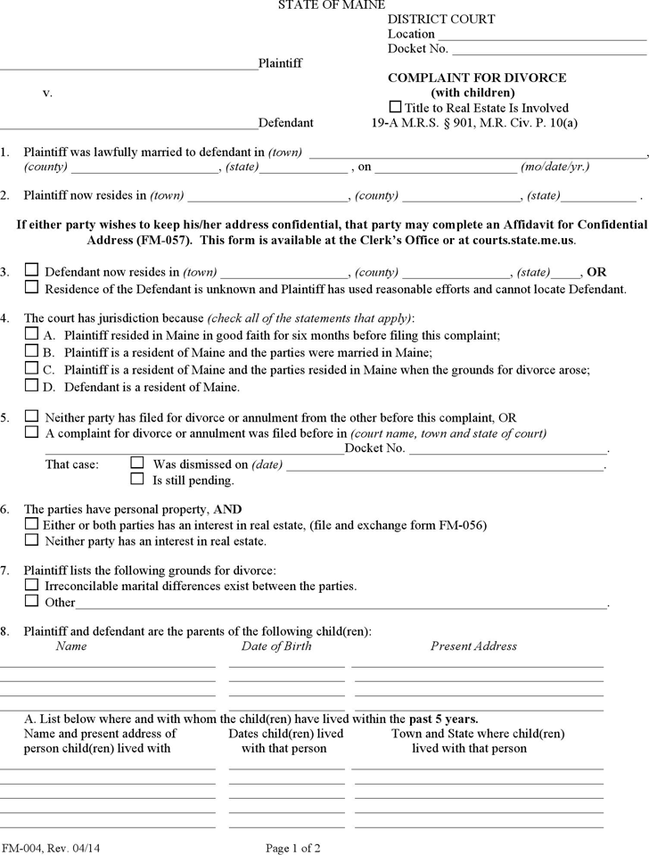 Maine Complaint for Divorce (with Children) Form
