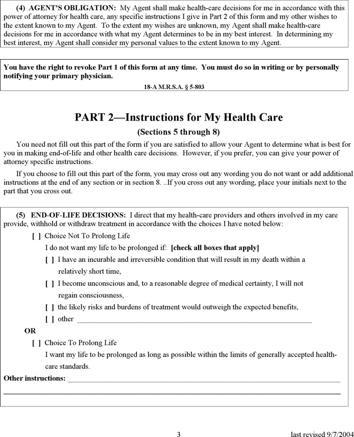 Maine Health Care Power of Attorney Form 2 Page 3