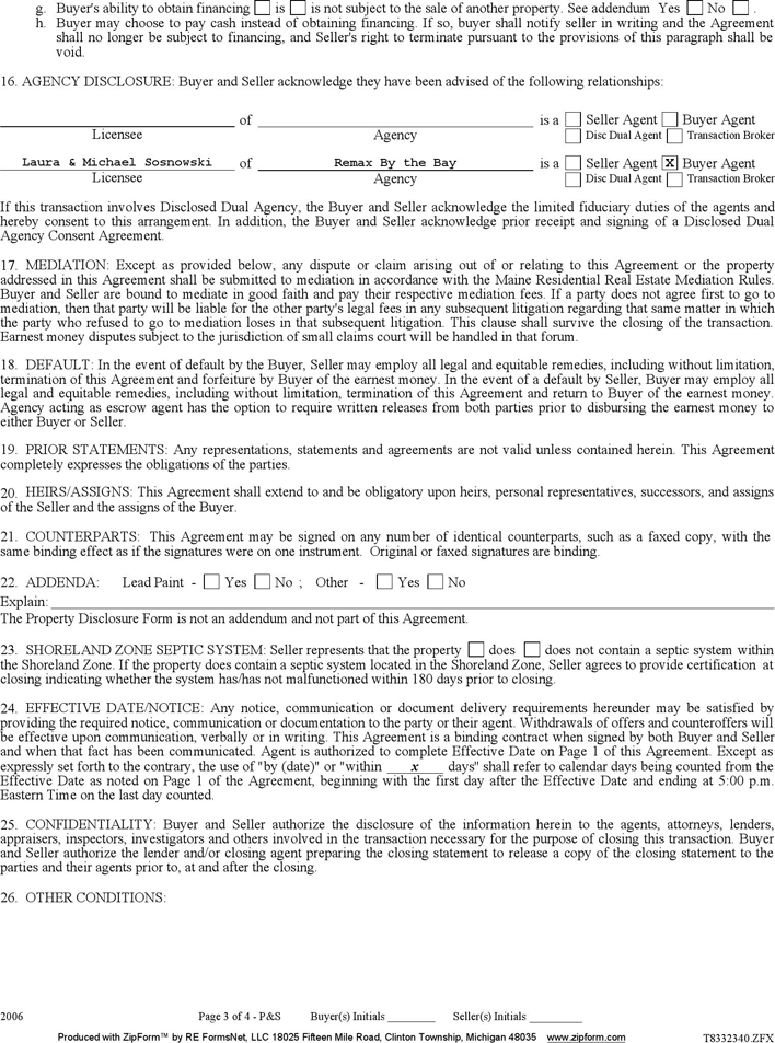 Maine Purchase and Sale Agreement Form Page 3