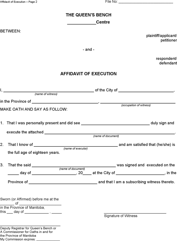 Manitoba Affidavit of Execution Form Page 2