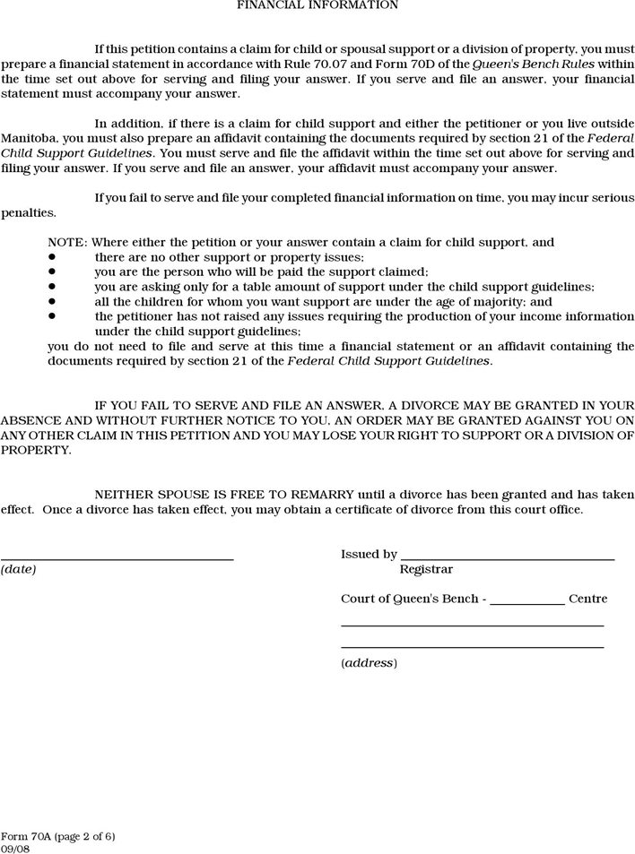 Manitoba Petition for Divorce Form Page 2