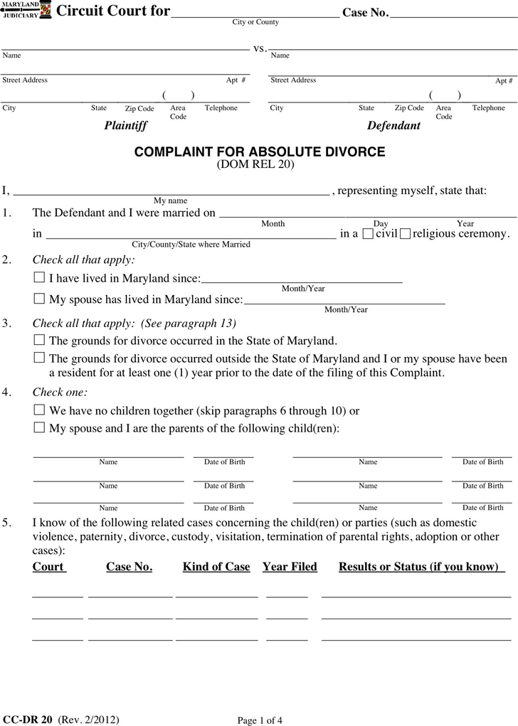 Maryland Complaint For Absolute Divorce