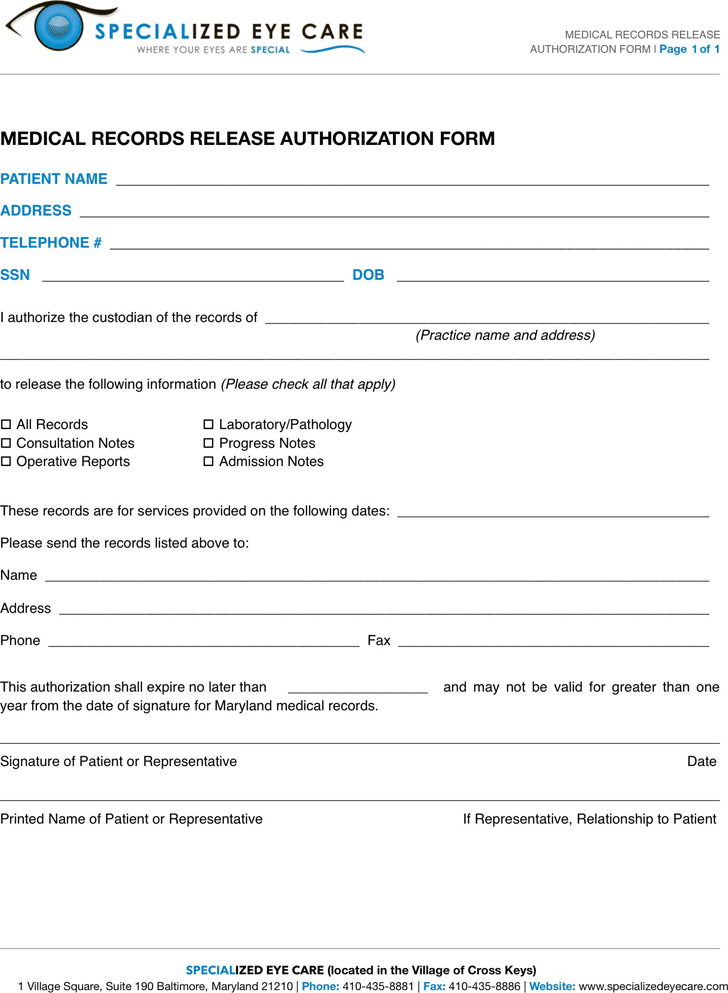 Maryland Medical Records Release Form 2