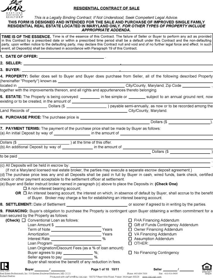 Maryland Residential Contract of Sale Form