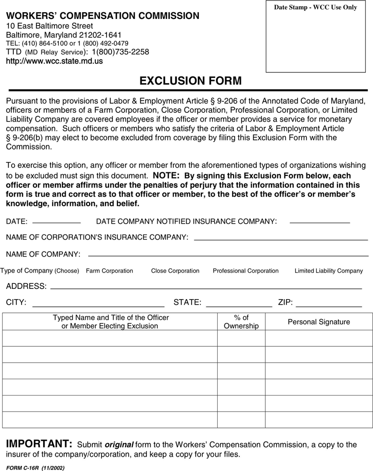 Maryland Workers' Compensation Commission Exclusion Form