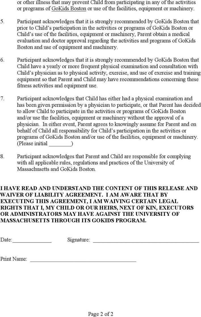 Massachusetts Liability Release Form 1 Page 2