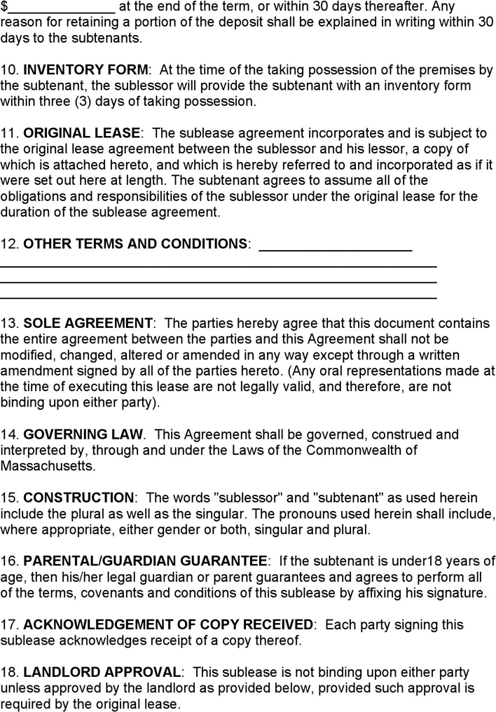 Massachusetts Sublease Agreement Form Page 2