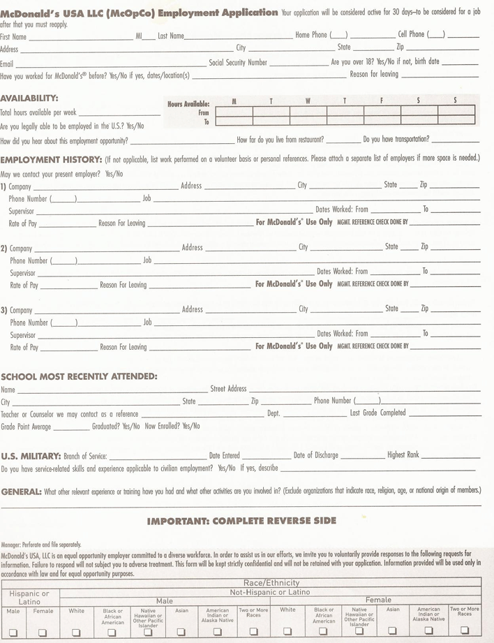 McDonalds Application Form Page 3
