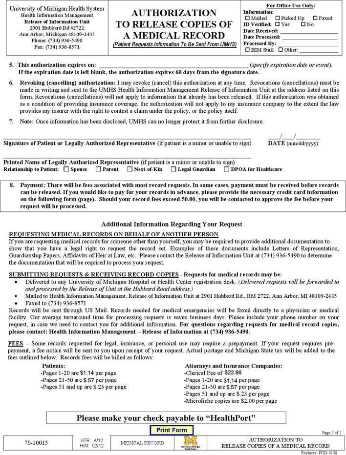 Michigan Medical Records Release Form 1 Page 2