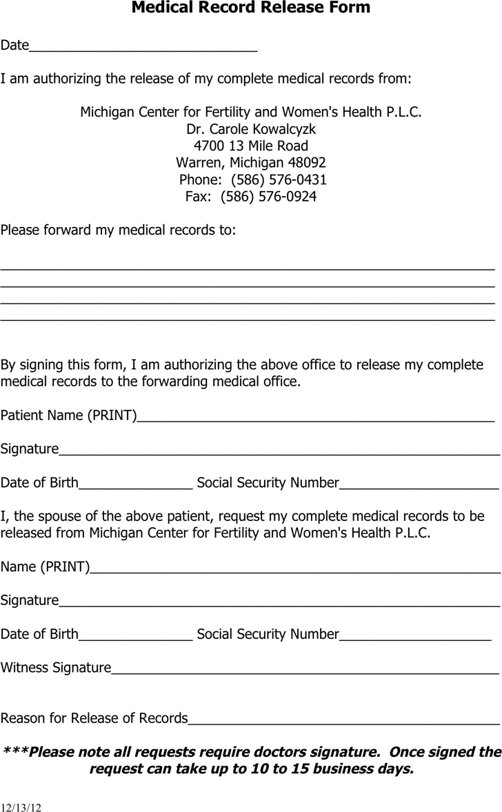 Michigan Medical Records Release Form 2