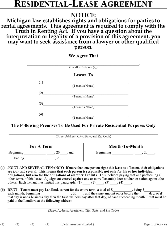 Michigan Residential Lease Agreement Form