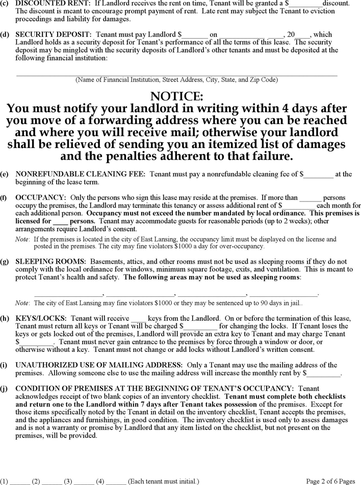Michigan Residential Lease Agreement Form Page 2