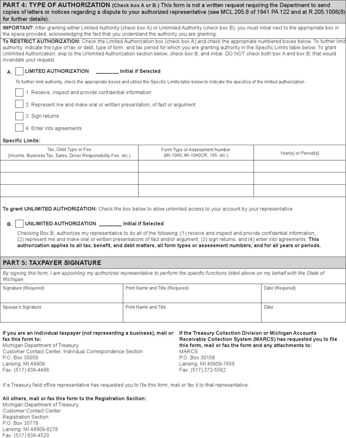 Michigan Tax Power of Attorney Form Page 2