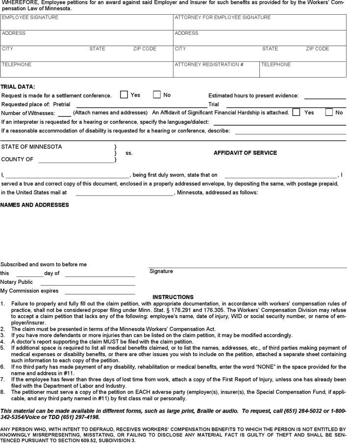 Minnesota Employee's Claim Petition Page 2